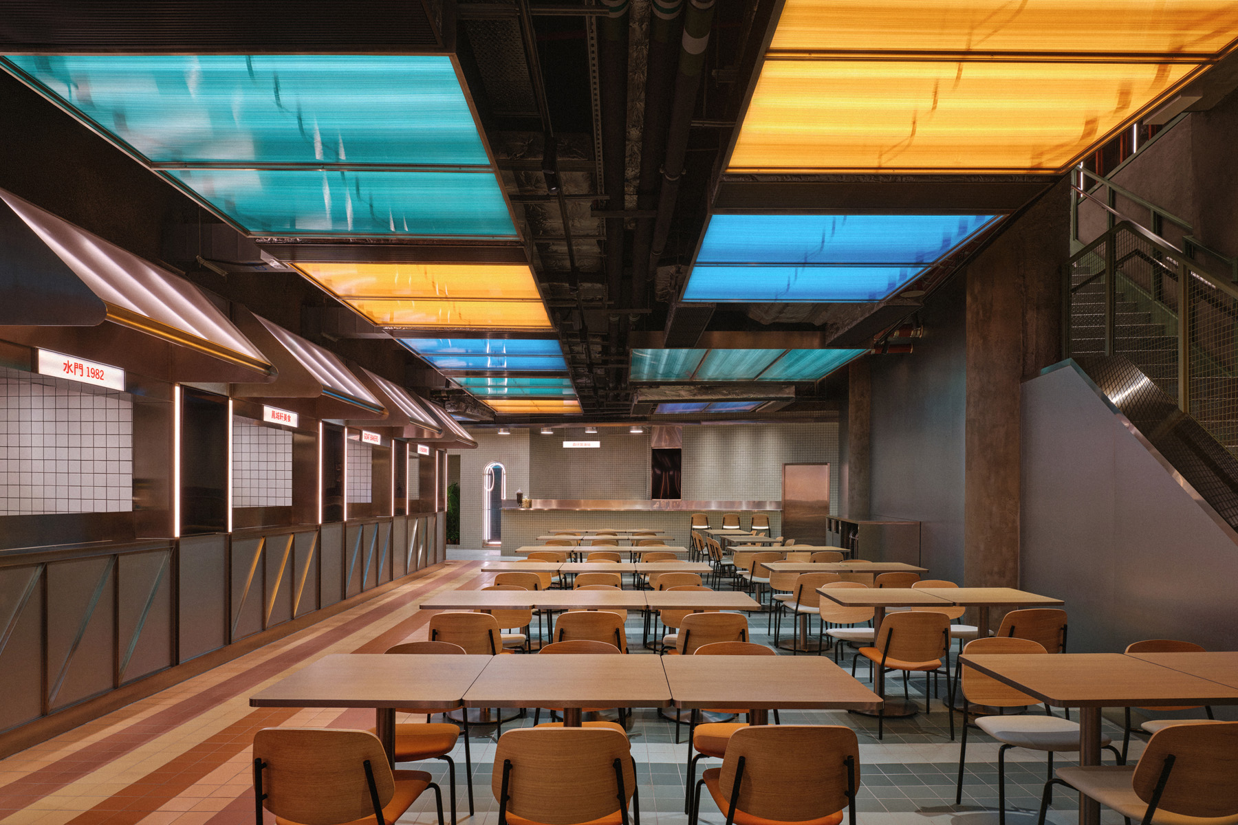 Double-height lounge portal at NIO Beijing interior lighting store featuring minimalist furniture and bright lighting design for retail store gathering space.